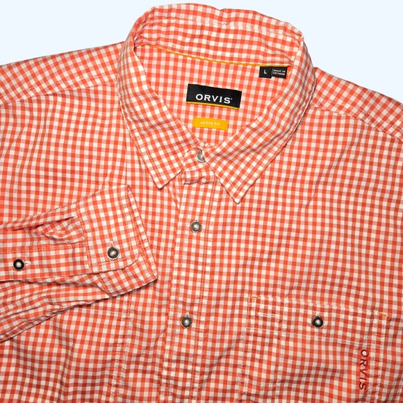 Orvis Other - Orvis Active Fit Gingham Button Down Shirt Mens Large L/S Orange White 3HKY
